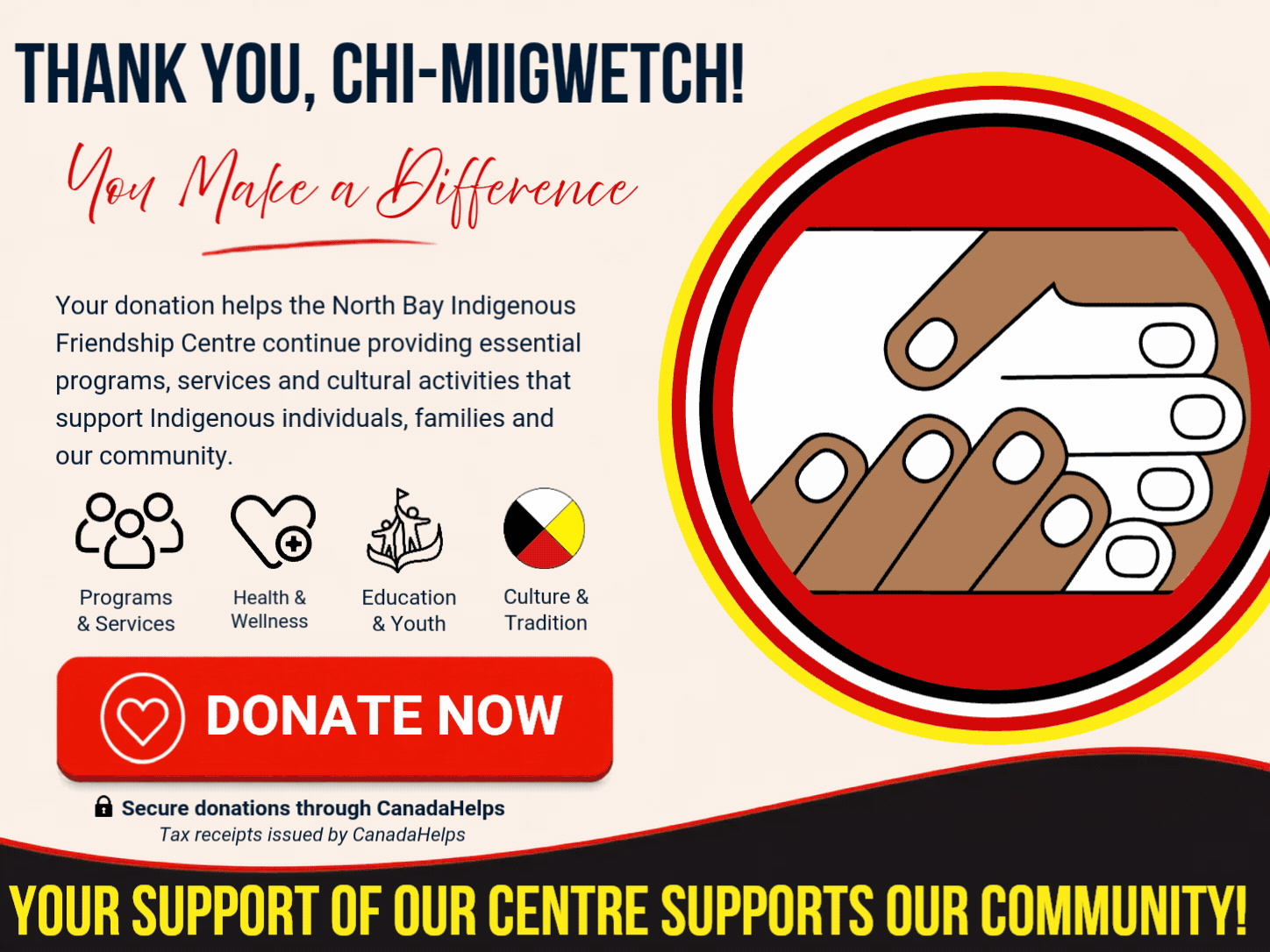 Support the North Bay Indigenous Friendship Centre Your donation helps the North Bay Indigenous Friendship Centre continue supporting urban First Nations, Métis and Inuit people through programs, services, cultural activities and community initiatives. [IMAGE] Donations are securely processed through CanadaHelps. Eligible donations receive an official charitable tax receipt from CanadaHelps. THANK YOU! CHI-MIIGWETCH!